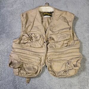 Remington Mens L Hunting Fishing Utility Vest Tan Cotton Twill Sherpa Collar Poc